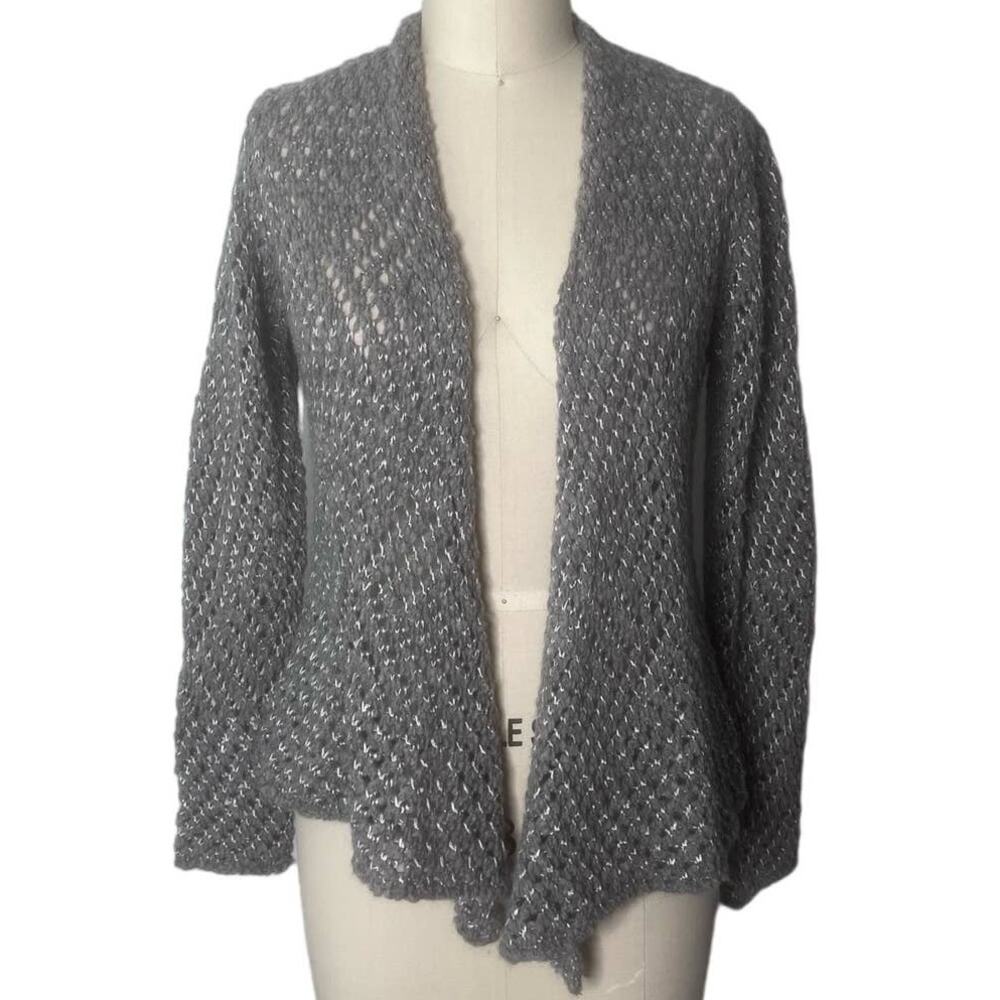 Eileen Fisher Grey Wool Blend Open Knit Open Front Draped Cardigan Size Small